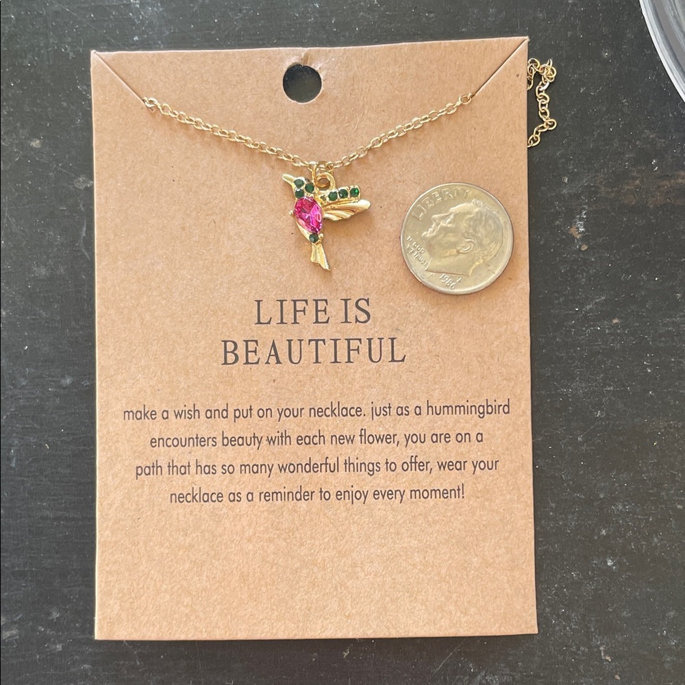 Gold Hummingbird Pendant Necklace with Pink & Green Accents